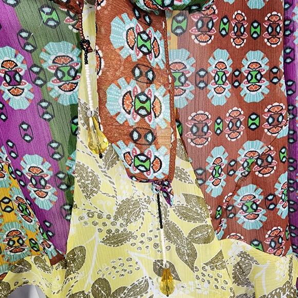 ZARA Top Womens Zodiac Multicolor Printed Boho Blouse XS Bow Tie Crystal Drops - Picture 6 of 12